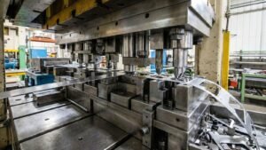 Close-up interno de um estampo progressivo em operação em uma prensa de alta capacidade na fábrica da Mikro-Stamp, mostrando a fita metálica sendo processada em múltiplos estágios sequenciais.